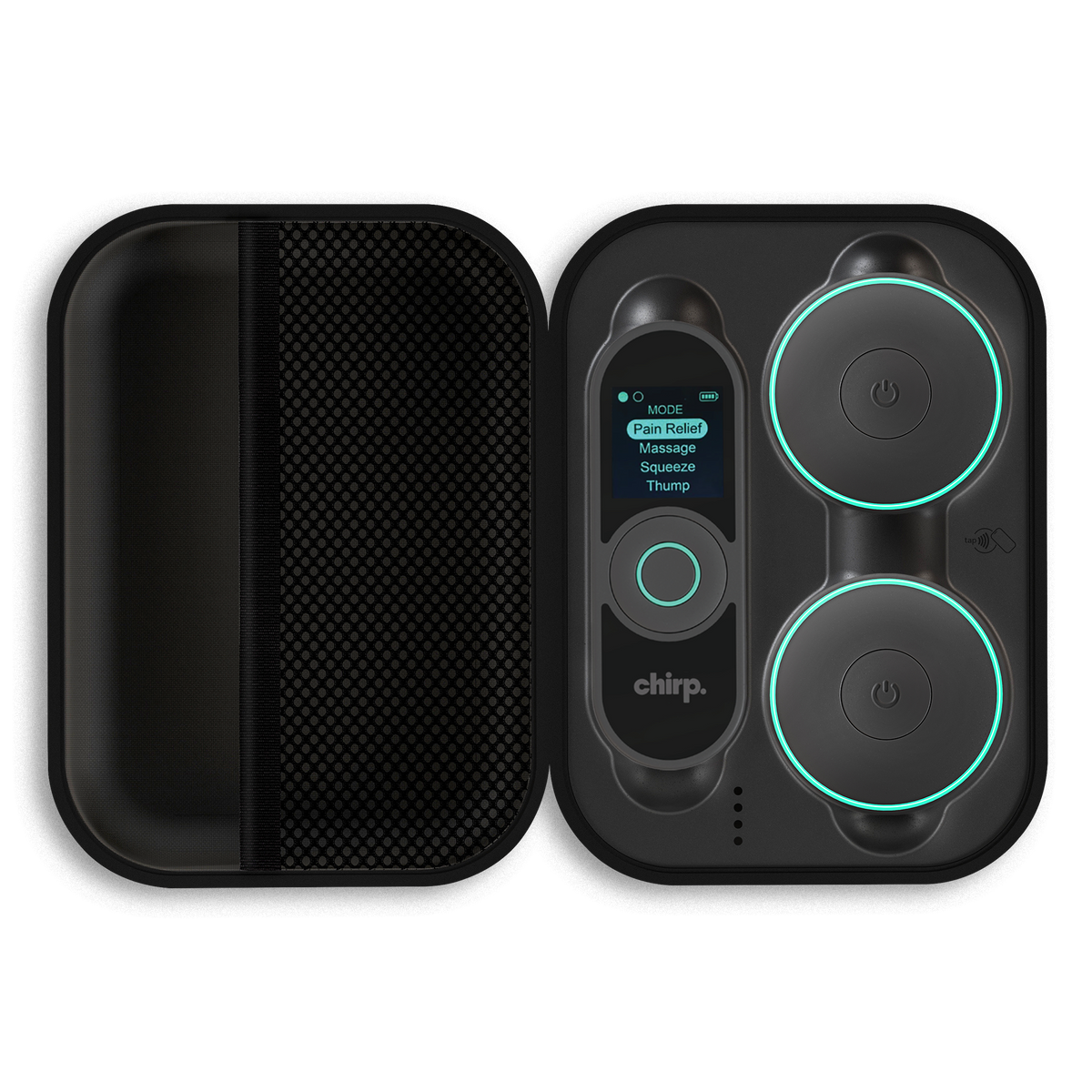 Chirp Halo pucks and remote docked in the portable charging case
