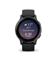 Black smartwatch displaying weather, time, and greeting on fitness tracker screen