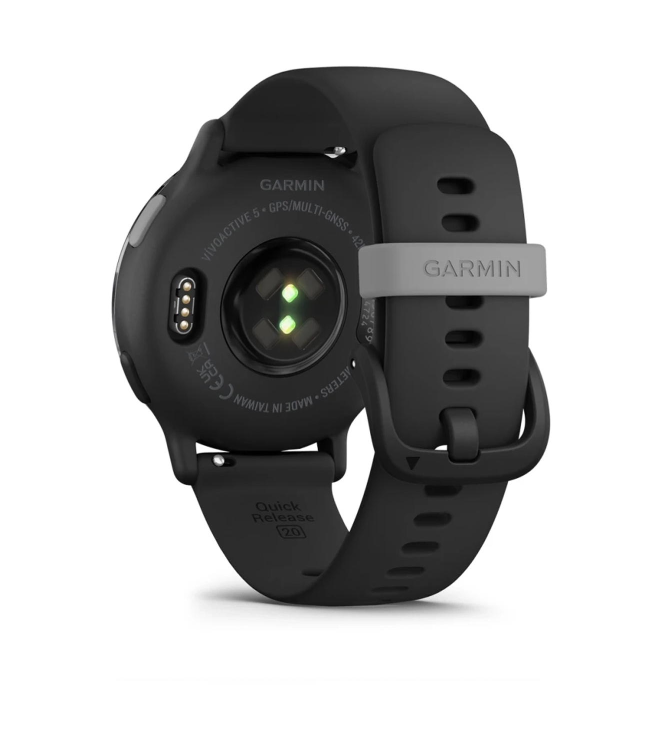 Garmin vivoactive 5 GPS smartwatch back view with heart rate sensors and quick release band