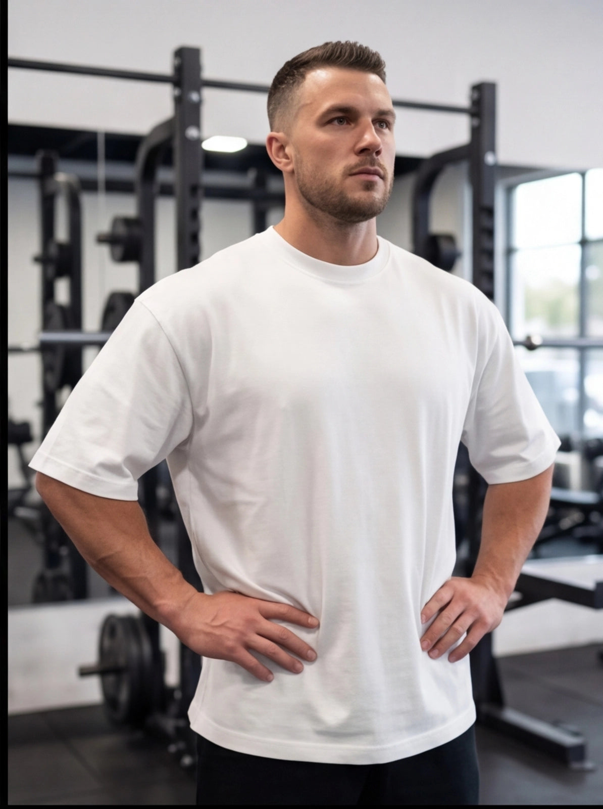 Athlete in white performance t-shirt at gym, hands on hips, ready for functional fitness training