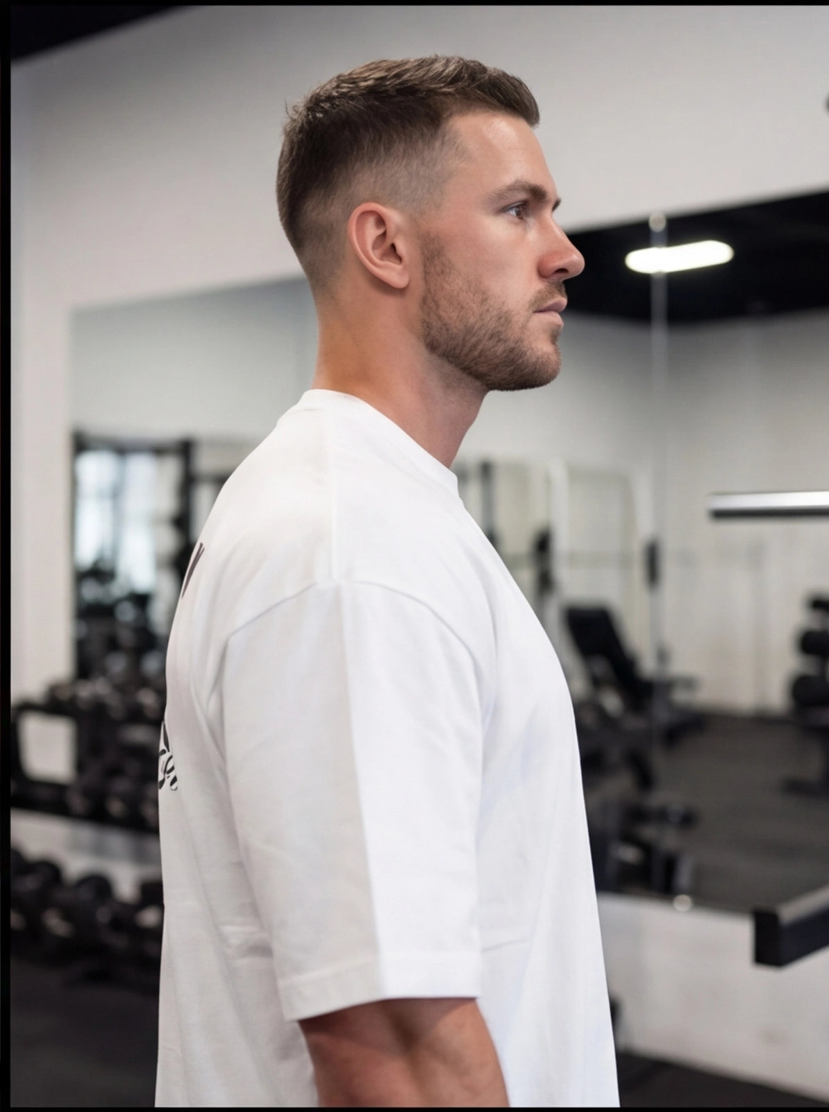 Man in white fitness t-shirt at gym, showcasing athletic wear for functional training and performance