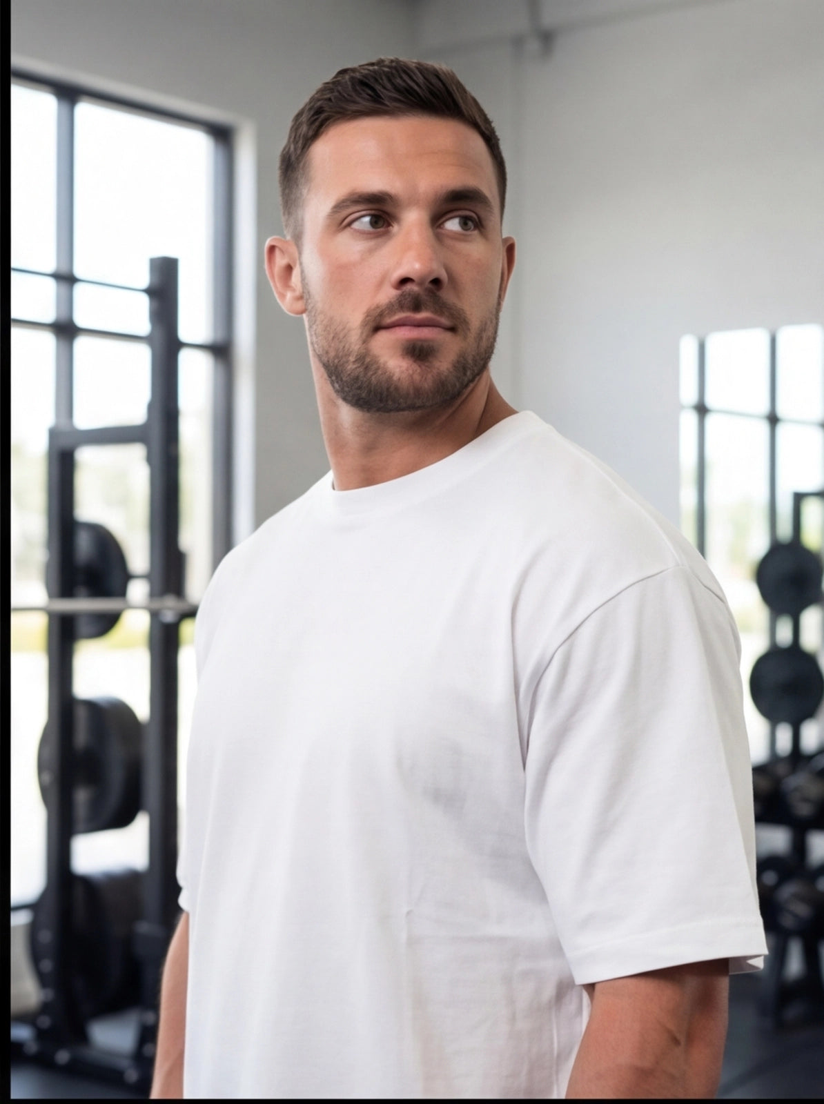 Man in white gym t-shirt at functional fitness facility, athletic wear for training and performance
