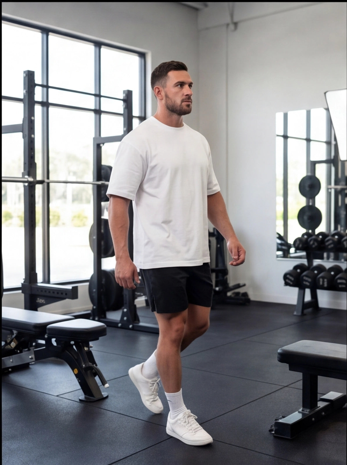 Man in white tee and black shorts walking in gym with weight racks and benches