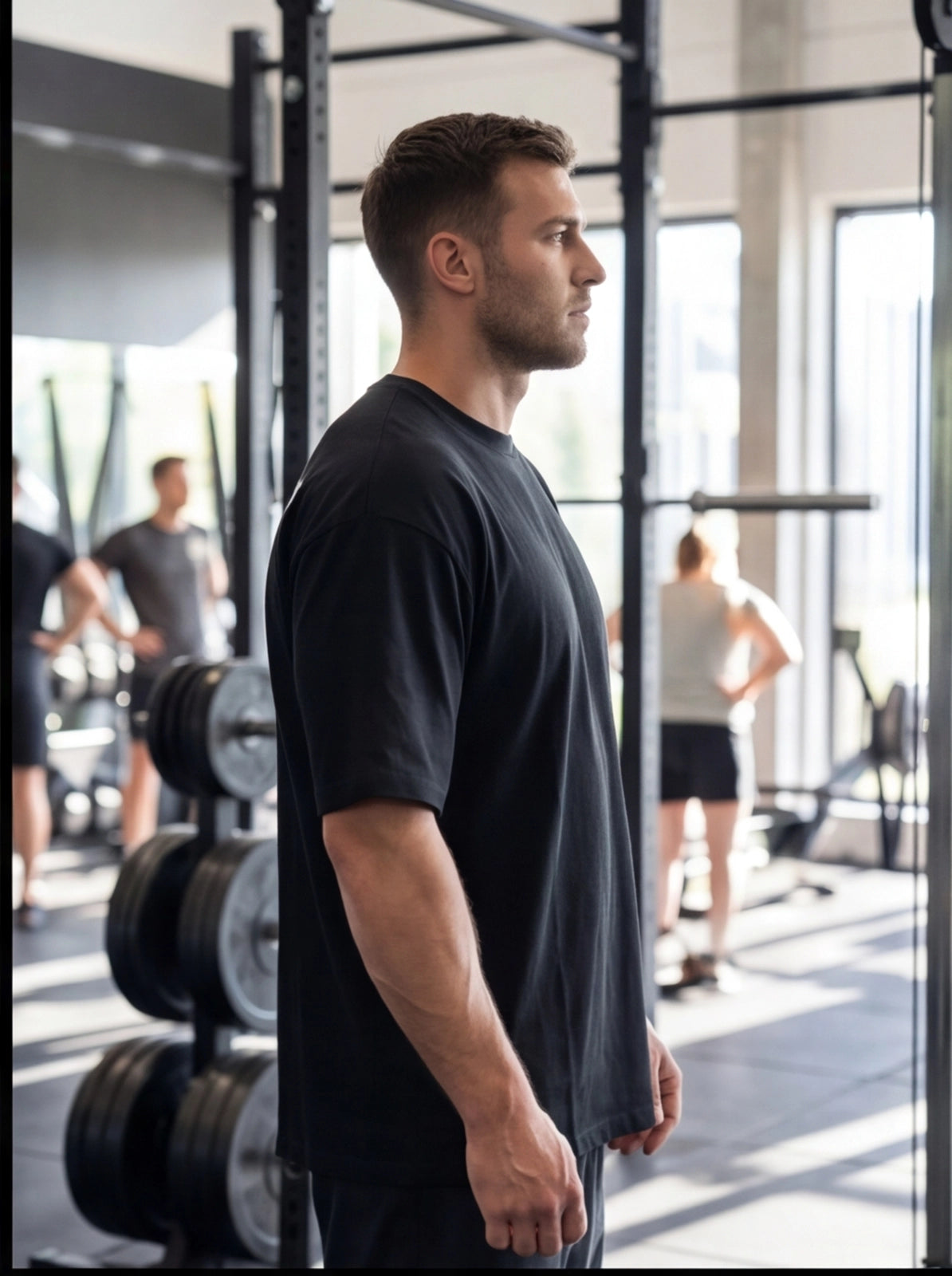 Athlete in black workout shirt at functional fitness gym with weight racks and mirrors