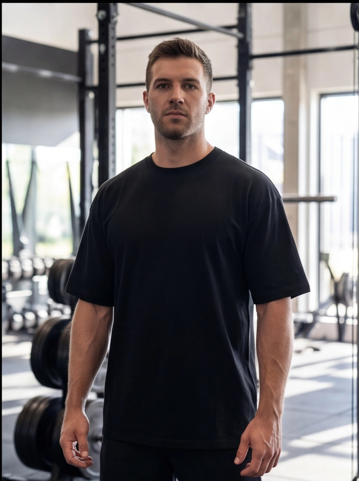 Man in black athletic t-shirt at gym, functional fitness apparel for performance and injury prevention