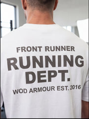 White running t-shirt with 'Front Runner Running Dept.' text, functional fitness apparel for athletes