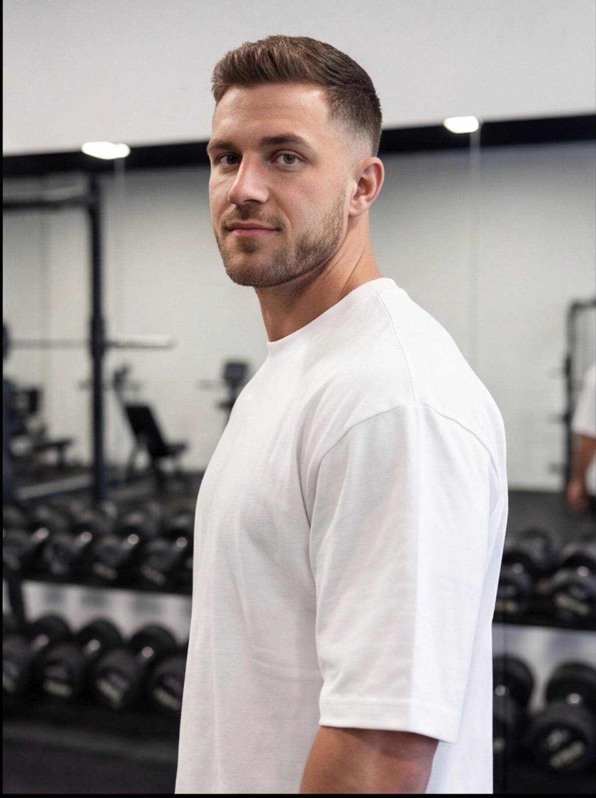 Athlete in white gym shirt at functional fitness gym with dumbbells and equipment