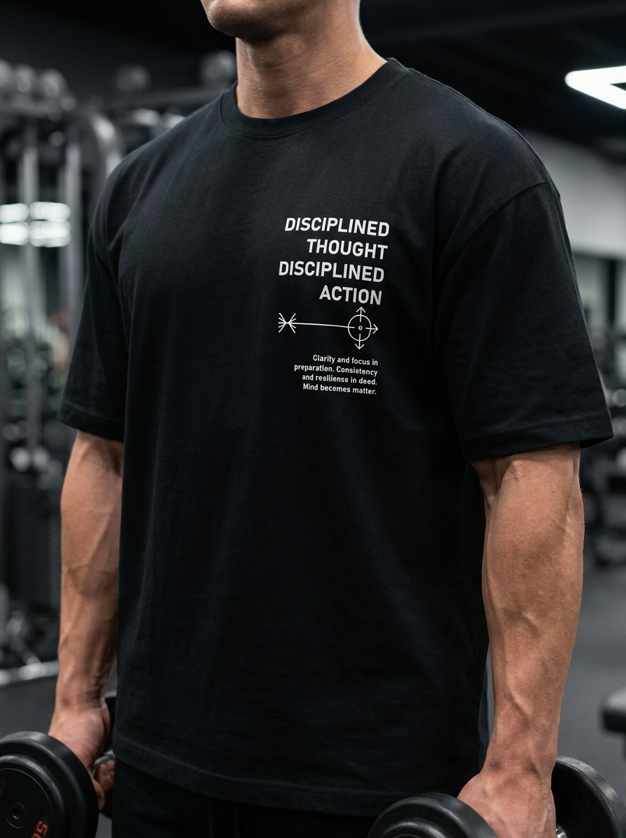 Athlete in gym wearing black motivational fitness t-shirt with 'Disciplined Thought Action' text, holding dumbbells.