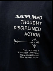 Black fitness tee with 'Disciplined Thought, Disciplined Action' graphic, promoting mental focus and resilience for athletes.