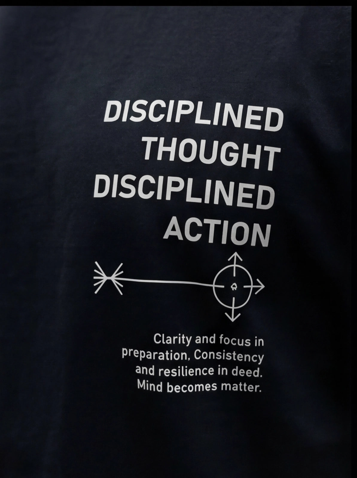 Black fitness tee with 'Disciplined Thought, Disciplined Action' graphic, promoting mental focus and resilience for athletes.