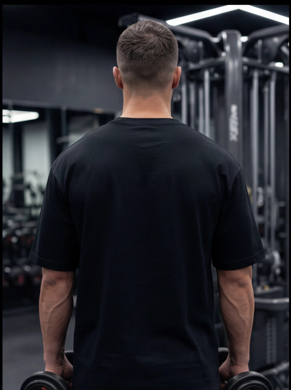 Man in black gym shirt holding dumbbells, back view in fitness center