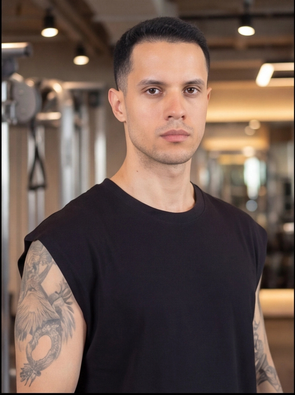 Man in black sleeveless gym shirt with arm tattoos, standing in fitness studio