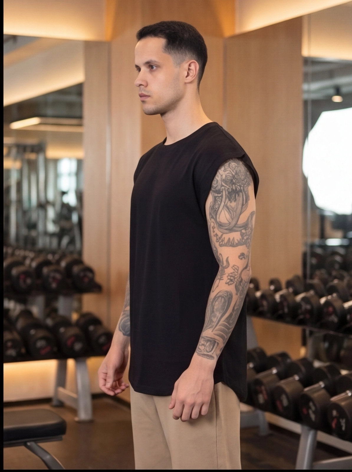 Man in black sleeveless gym shirt with tattooed arm, standing in fitness studio with dumbbells