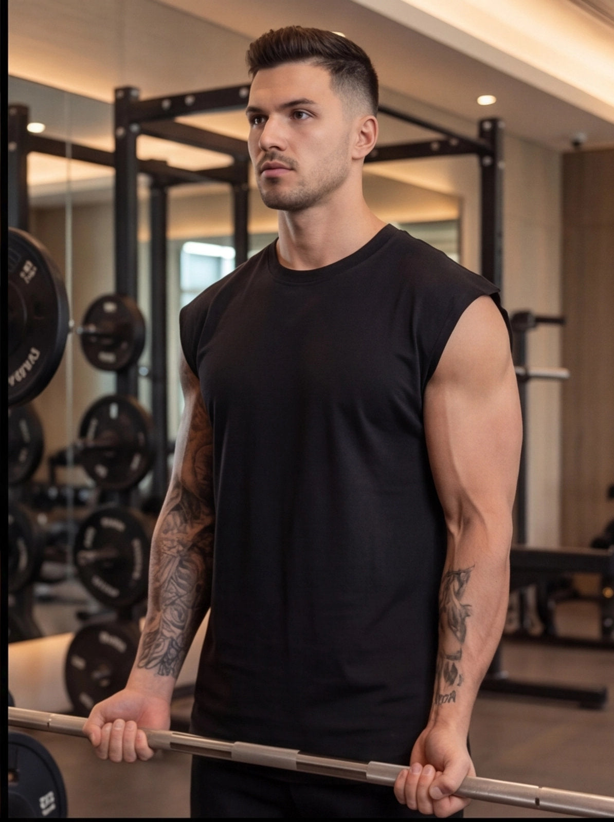 Man in black sleeveless gym shirt lifting barbell, functional fitness training