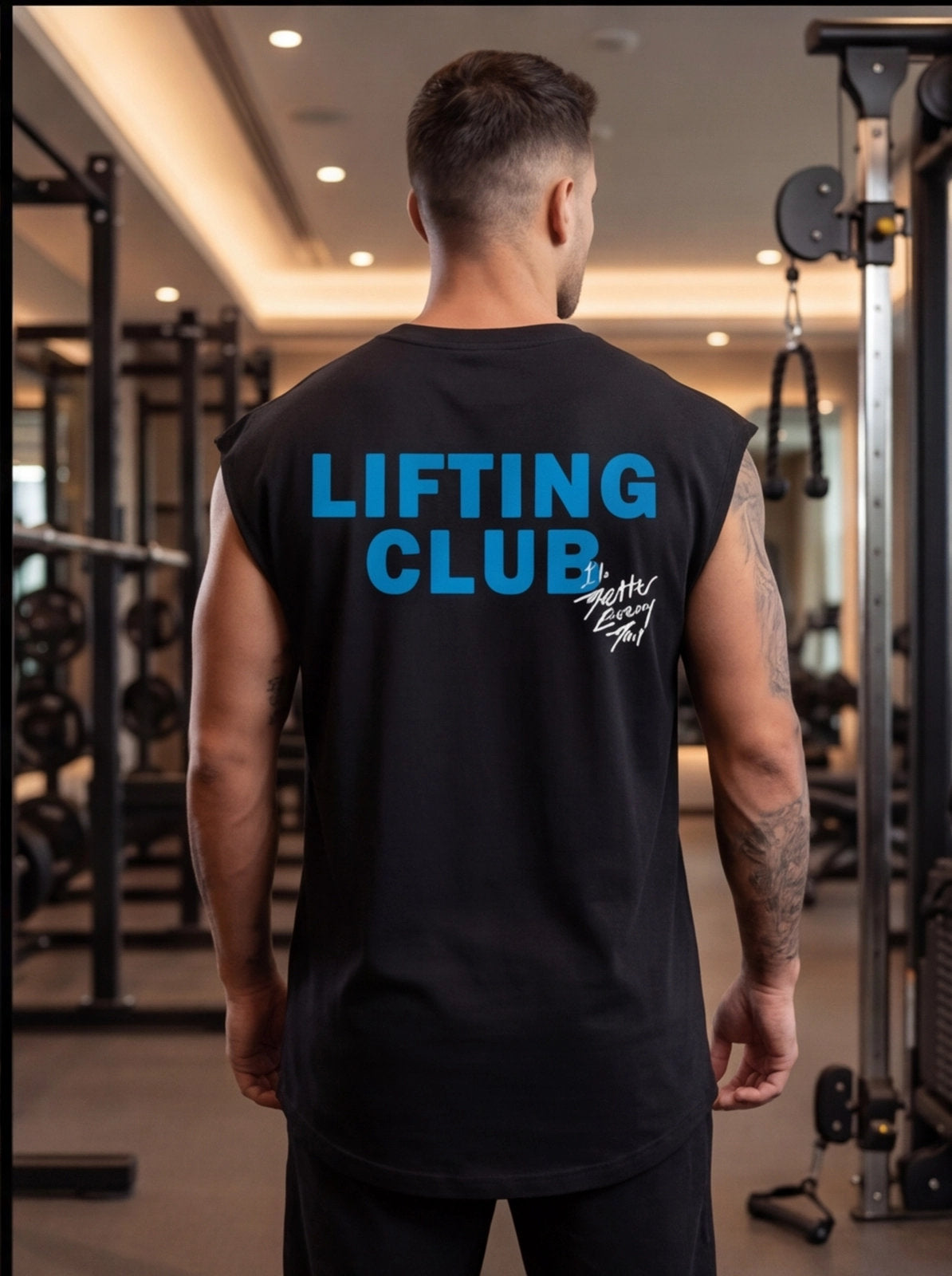 Man wearing black 'LIFTING CLUB' sleeveless gym shirt in fitness studio, muscle tone visible, workout apparel