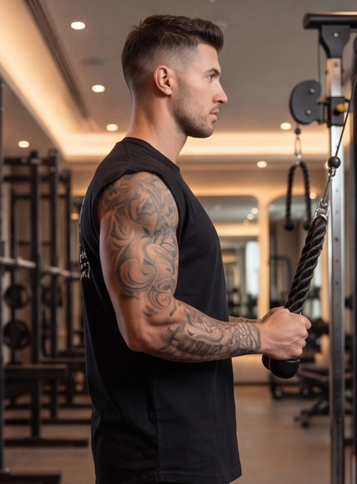 Man with tattooed arms using cable machine rope attachment for functional fitness training in gym