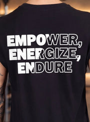 Black fitness t-shirt with bold white text: Empower, Energize, Endure for athletic performance and endurance training