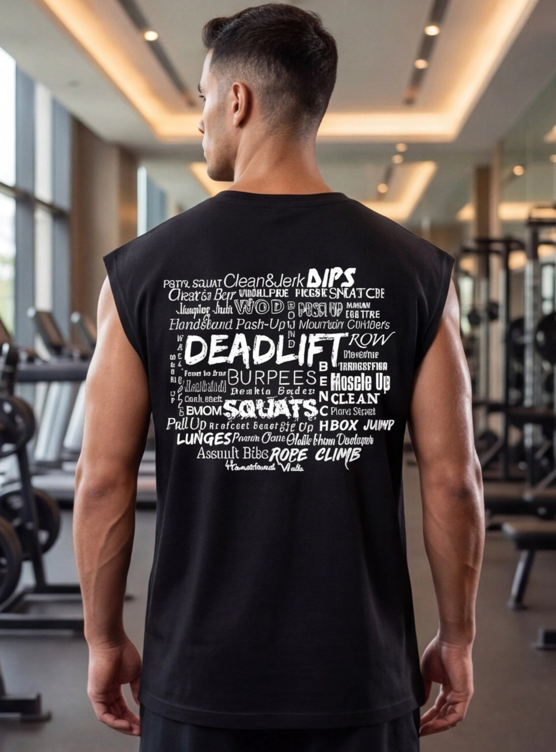 Man wearing black sleeveless gym shirt with workout terms like Deadlift, Squats, Burpees in gym