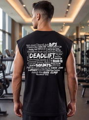 Man wearing black sleeveless gym shirt with workout terms like Deadlift, Squats, Burpees in gym