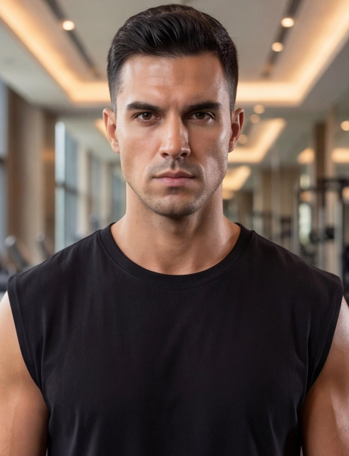 Muscular man in black sleeveless gym shirt, focused expression, modern fitness center background