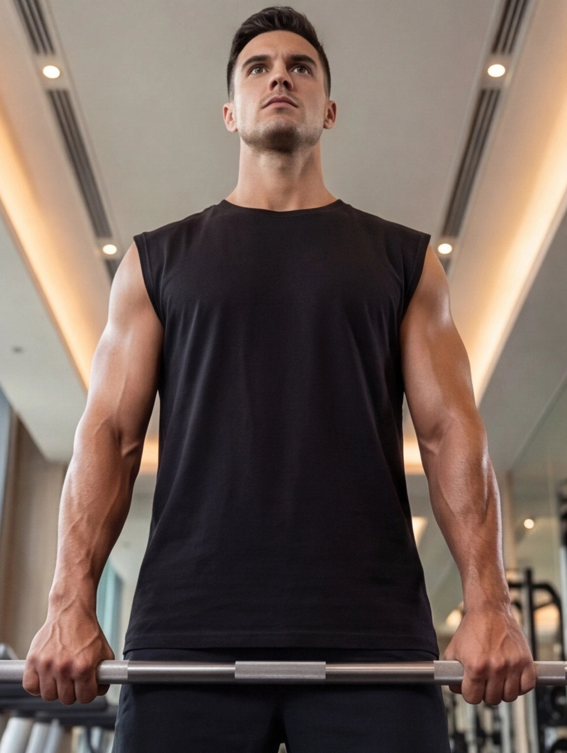 Athlete lifting barbell in gym wearing black sleeveless fitness shirt for strength training