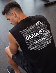 Man wearing black sleeveless fitness shirt with workout terms like Deadlift, Squats, Burpees for functional training