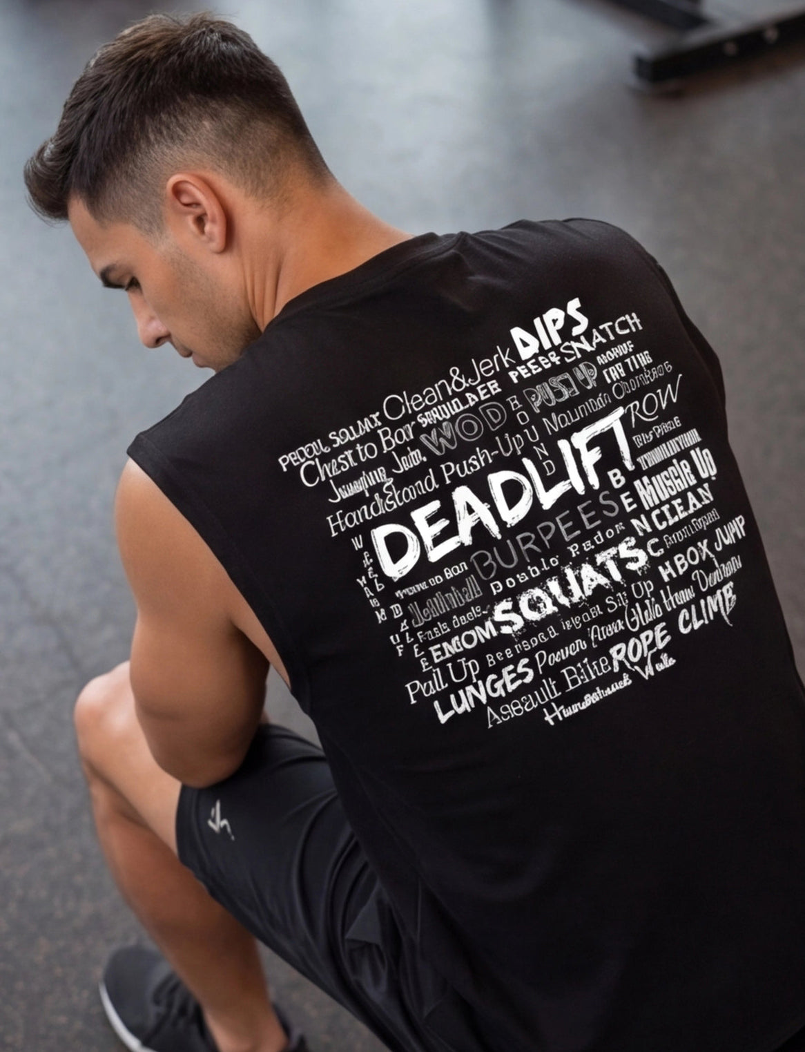 Man wearing black sleeveless fitness shirt with workout terms like Deadlift, Squats, Burpees for functional training