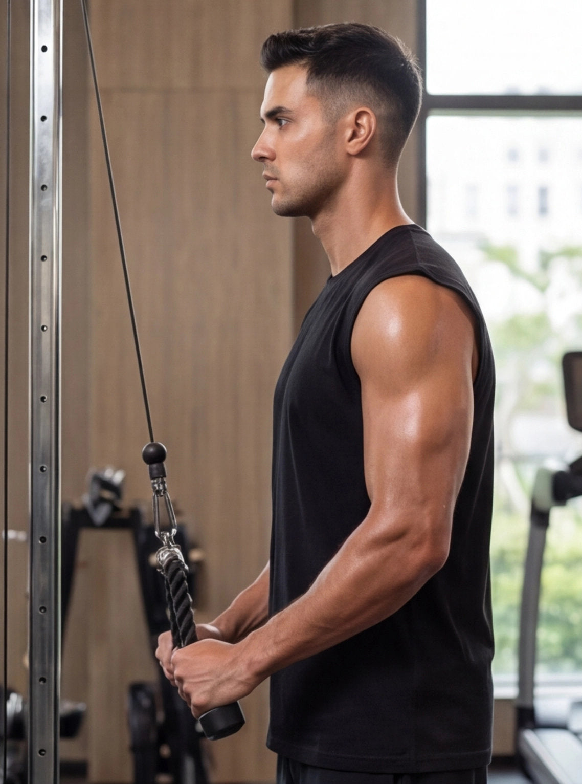 Man performing cable rope exercise for functional fitness and strength training in gym