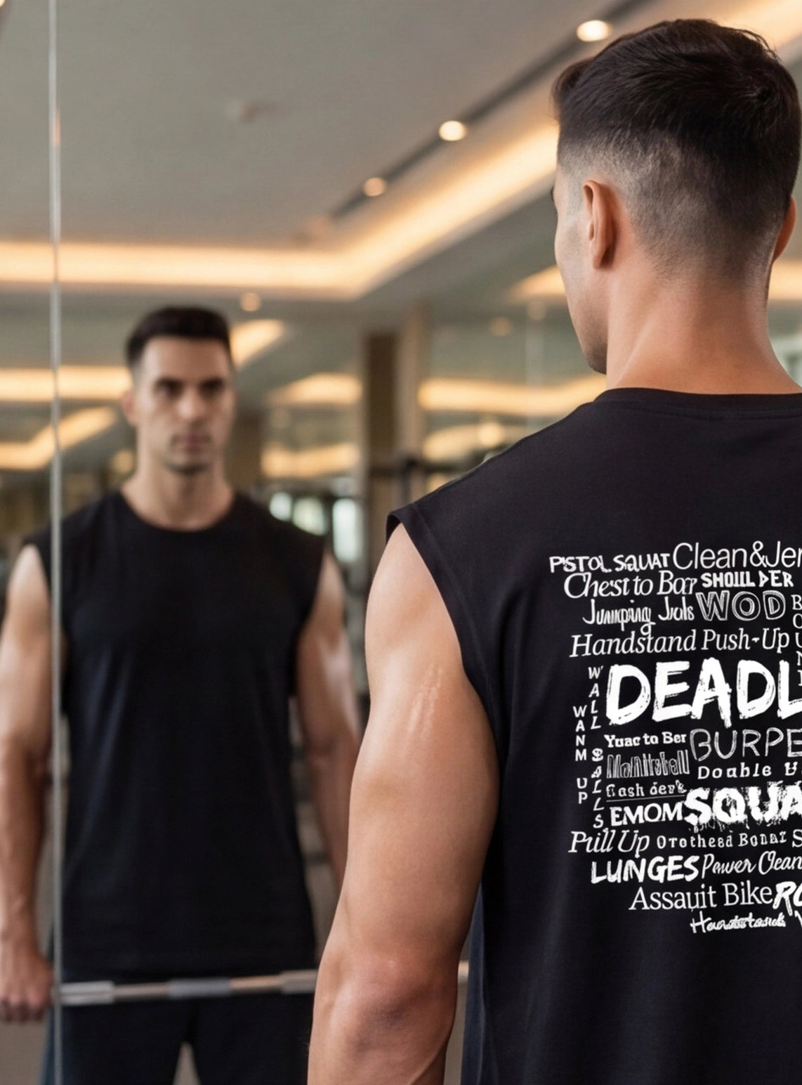 Man in gym wearing black sleeveless shirt with WOD, Deadlift, Squat, Burpee print, facing mirror