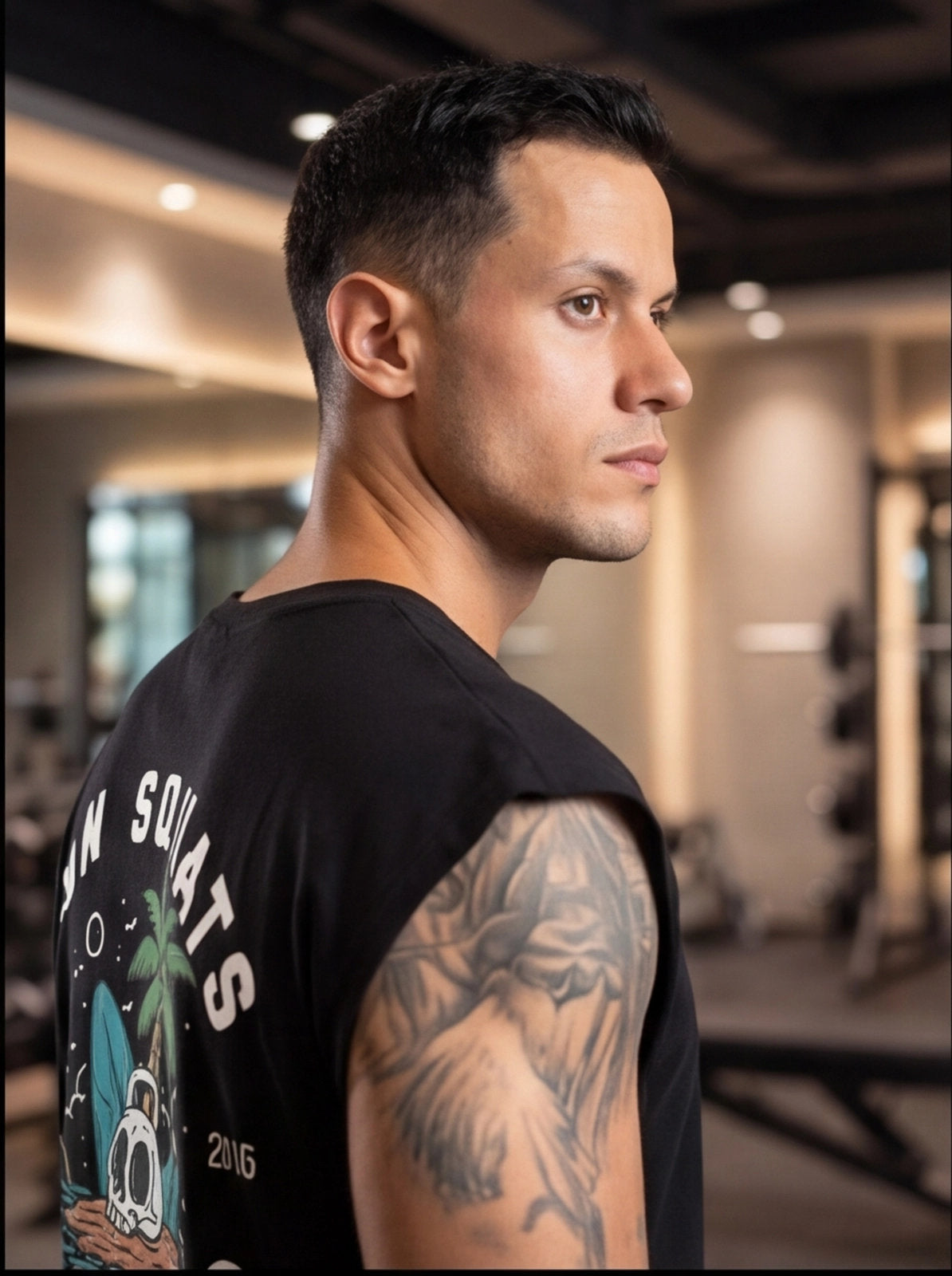 Man in gym wearing black 'Squats' graphic tee with tattooed arm, fitness apparel for athletes