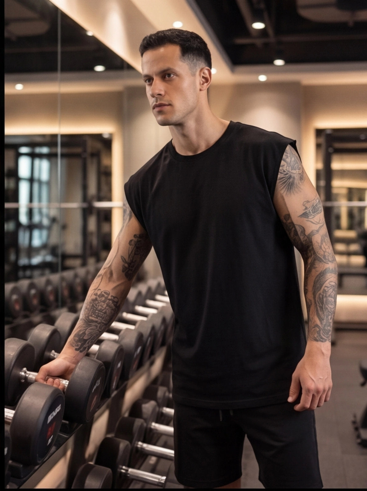 Man in black sleeveless gym shirt and shorts, holding dumbbell in fitness studio, tattoos visible
