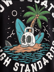 Black fitness tee with skull, palm tree, surfboard, and kettlebell on island graphic, 'High Standards' text