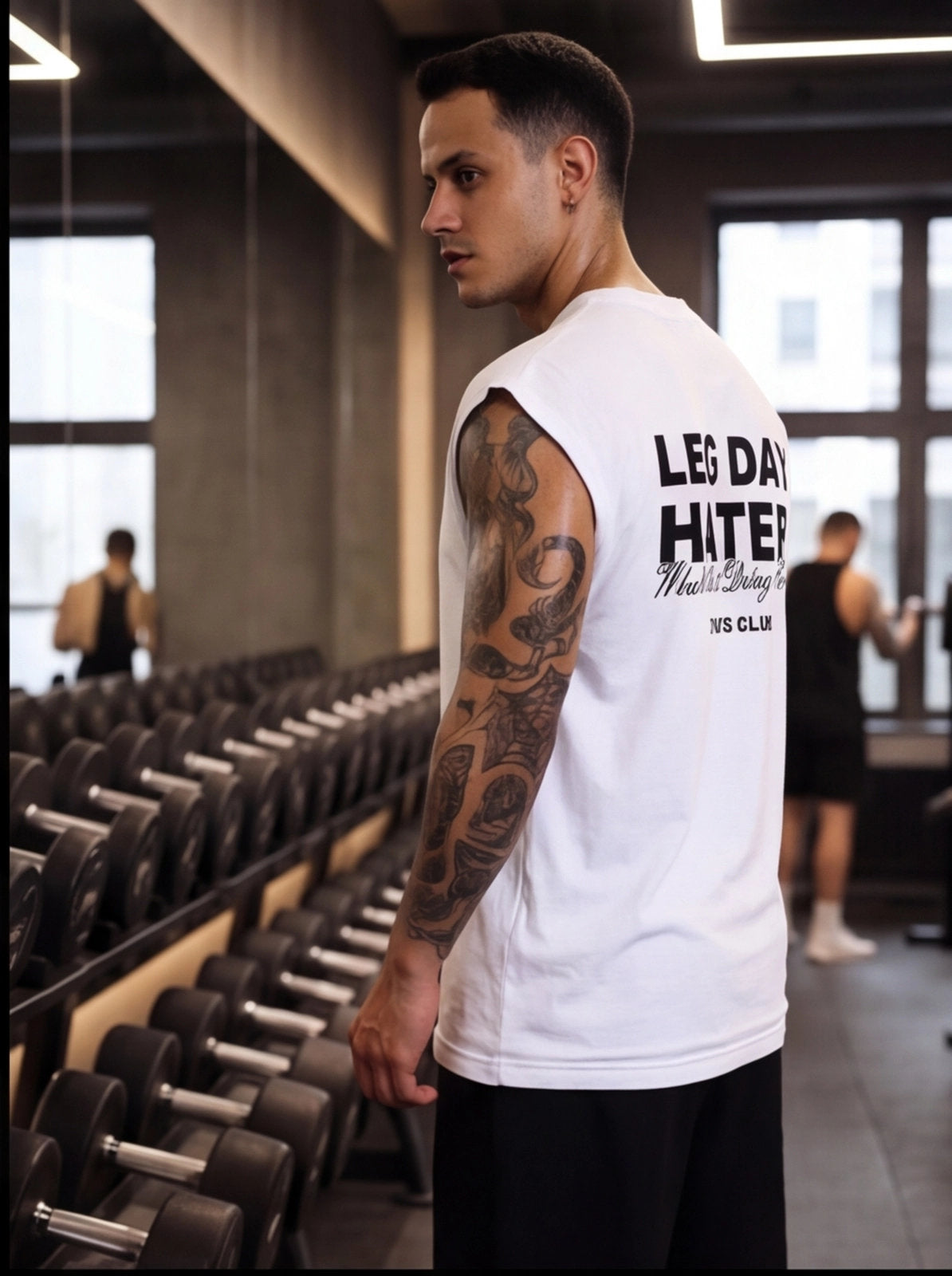 Man in white 'Leg Day Hater' gym tank top, tattooed arm, standing by dumbbell rack in fitness studio