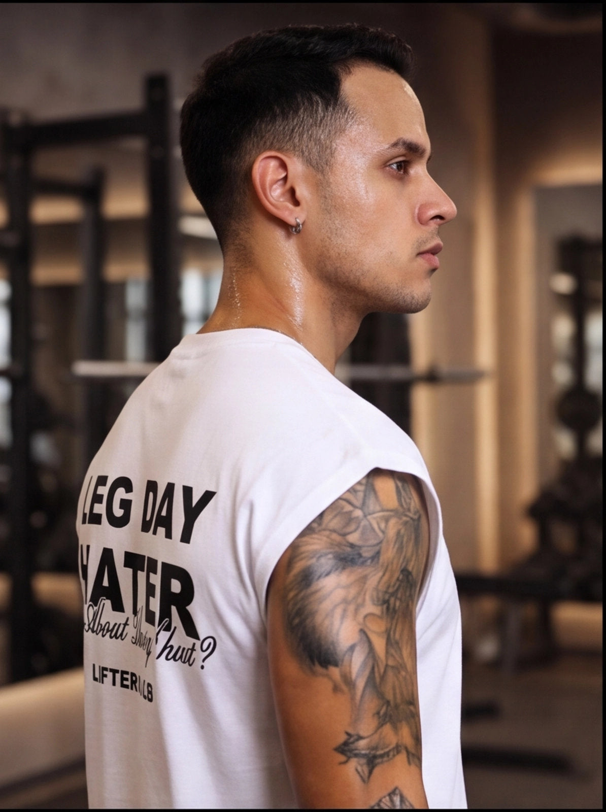 Man in gym wearing white 'Leg Day Hater' workout shirt, tattooed arm, fitness apparel