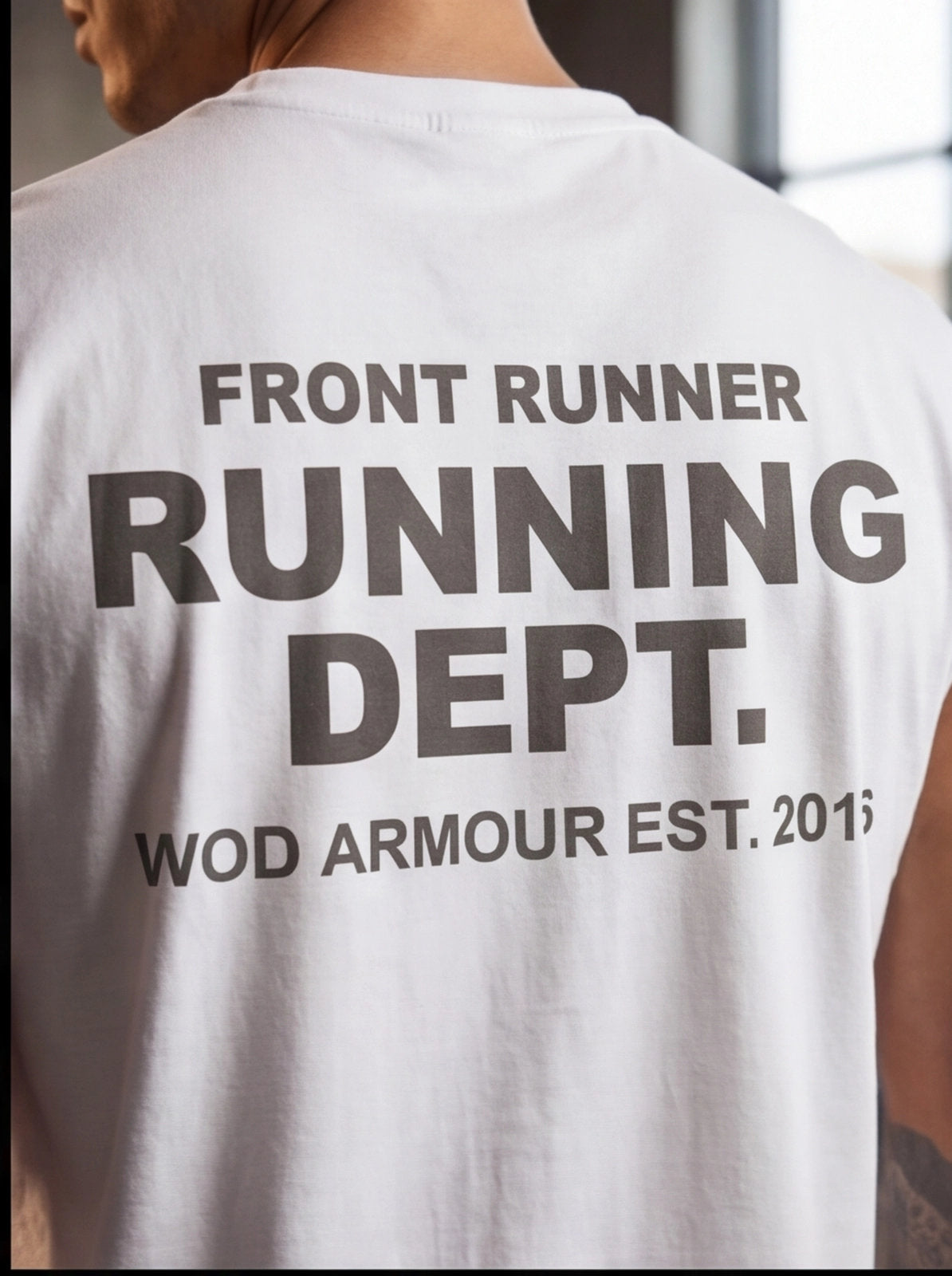 White running t-shirt with 'Front Runner Running Dept.' text, athletic wear for performance training