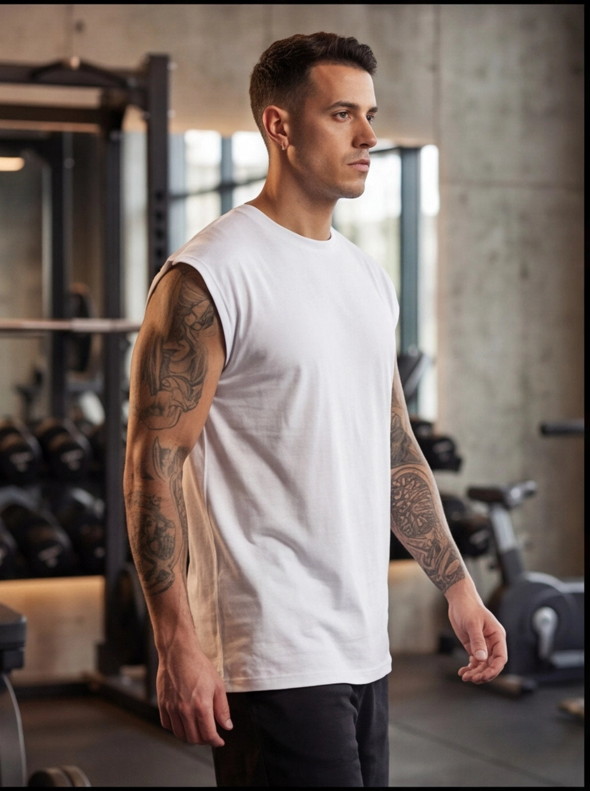 Man in white sleeveless gym shirt with tattoos, standing in fitness studio for functional training