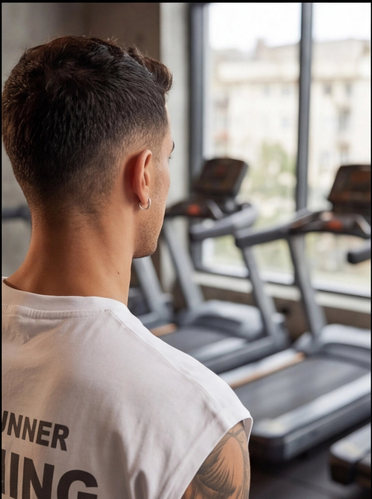 Man in gym wearing athletic shirt, facing treadmills near window for functional fitness training