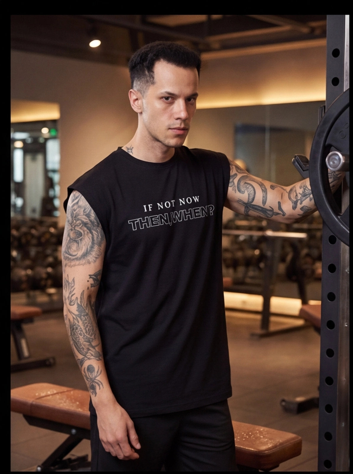 Man in gym wearing black sleeveless fitness shirt with 'IF NOT NOW THEN WHEN?' text, tattooed arms, weight rack nearby