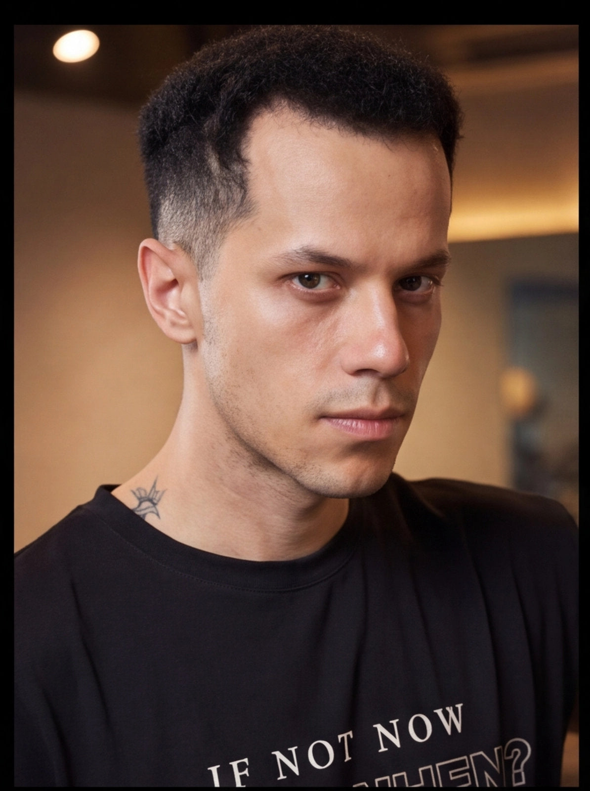 Man wearing black fitness t-shirt with 'IF NOT NOW WHEN?' text, short haircut, neck tattoo, indoor setting