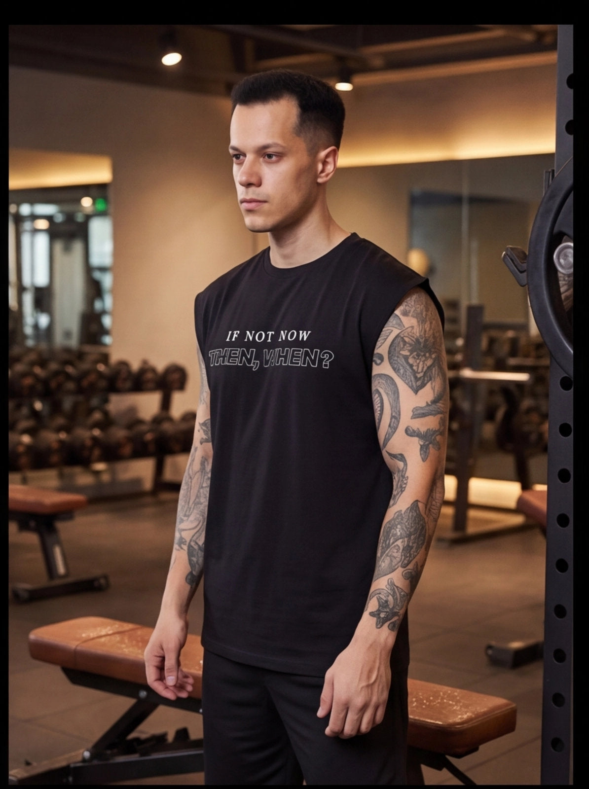 Man in gym wearing black sleeveless fitness shirt with motivational quote 'If Not Now, Then When?' for functional training.