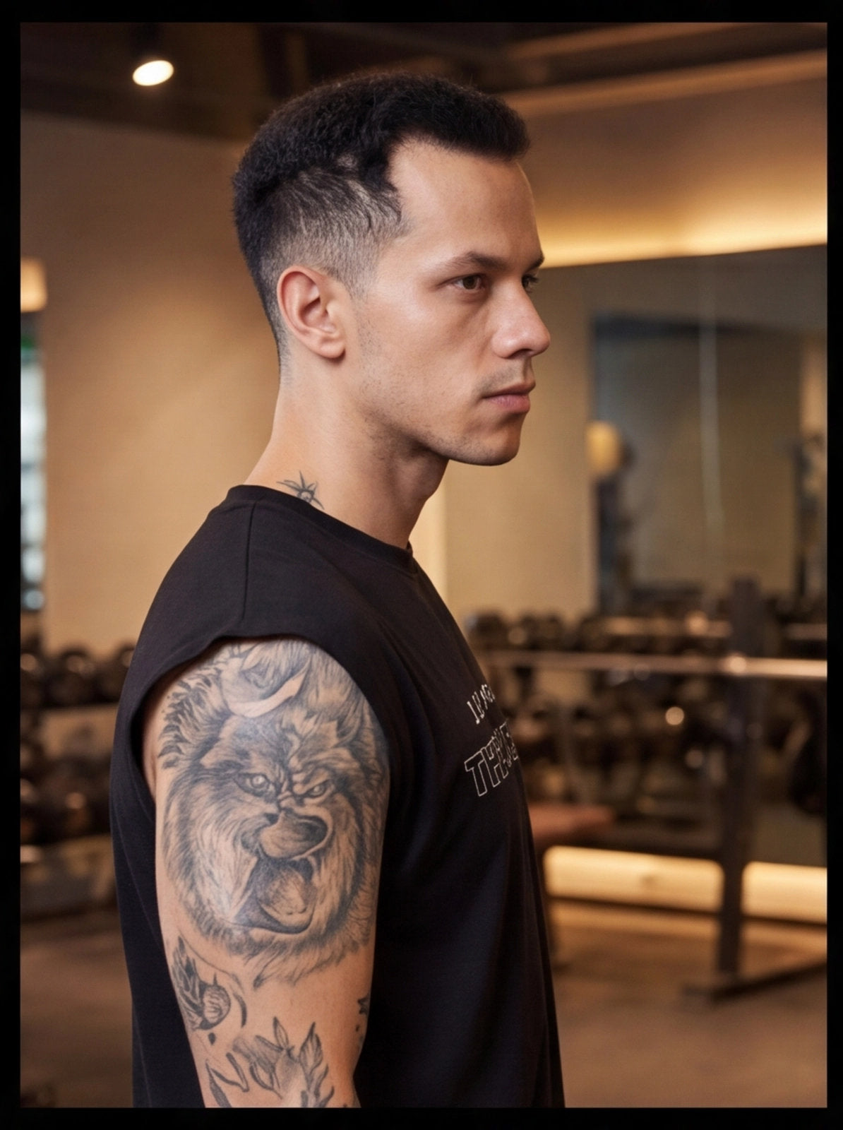 Man with lion tattoo in gym wearing black sleeveless fitness shirt