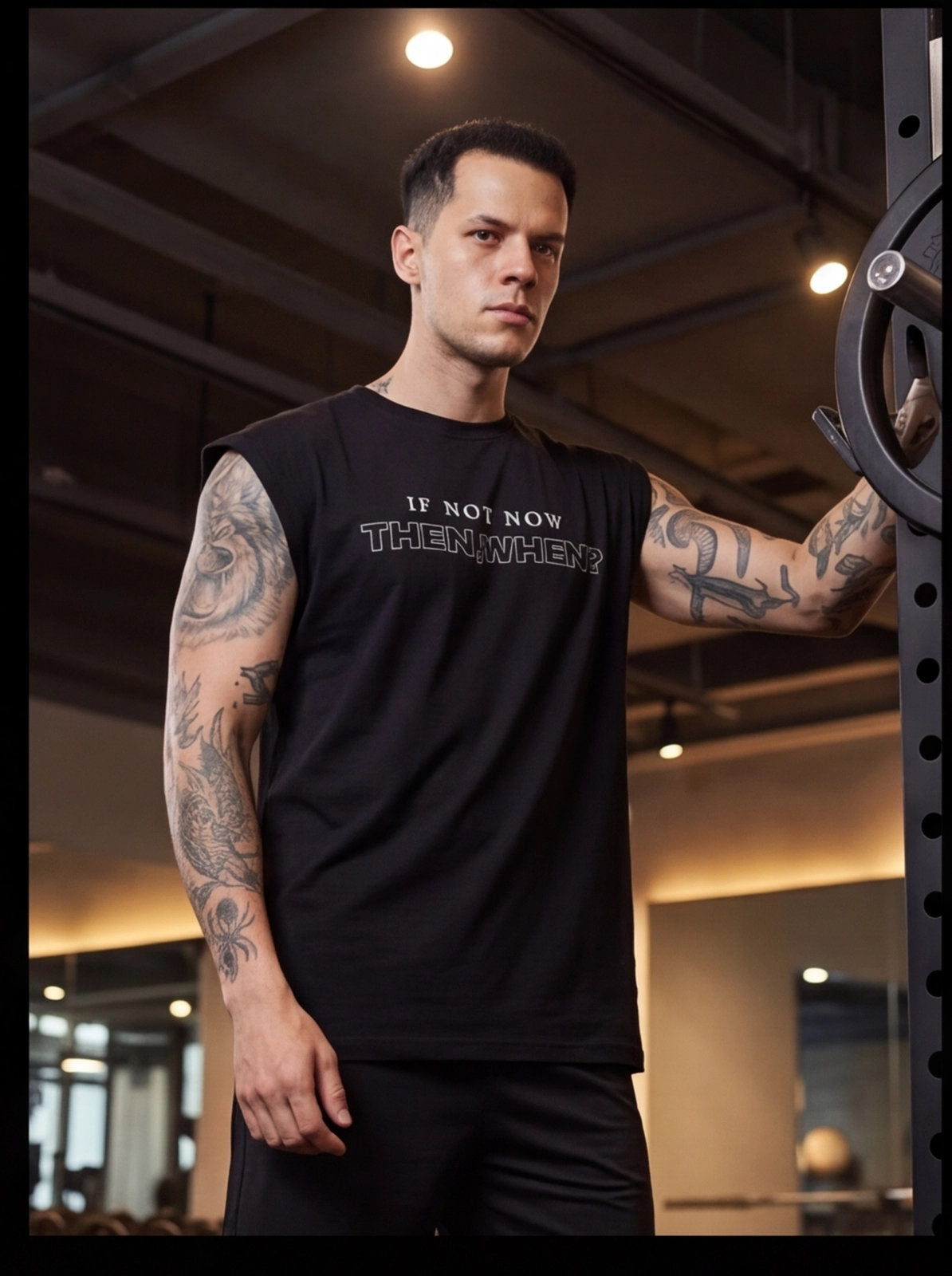 Man in gym wearing black sleeveless fitness shirt with 'IF NOT NOW THEN WHEN?' text, tattoos visible, leaning on weight rack.