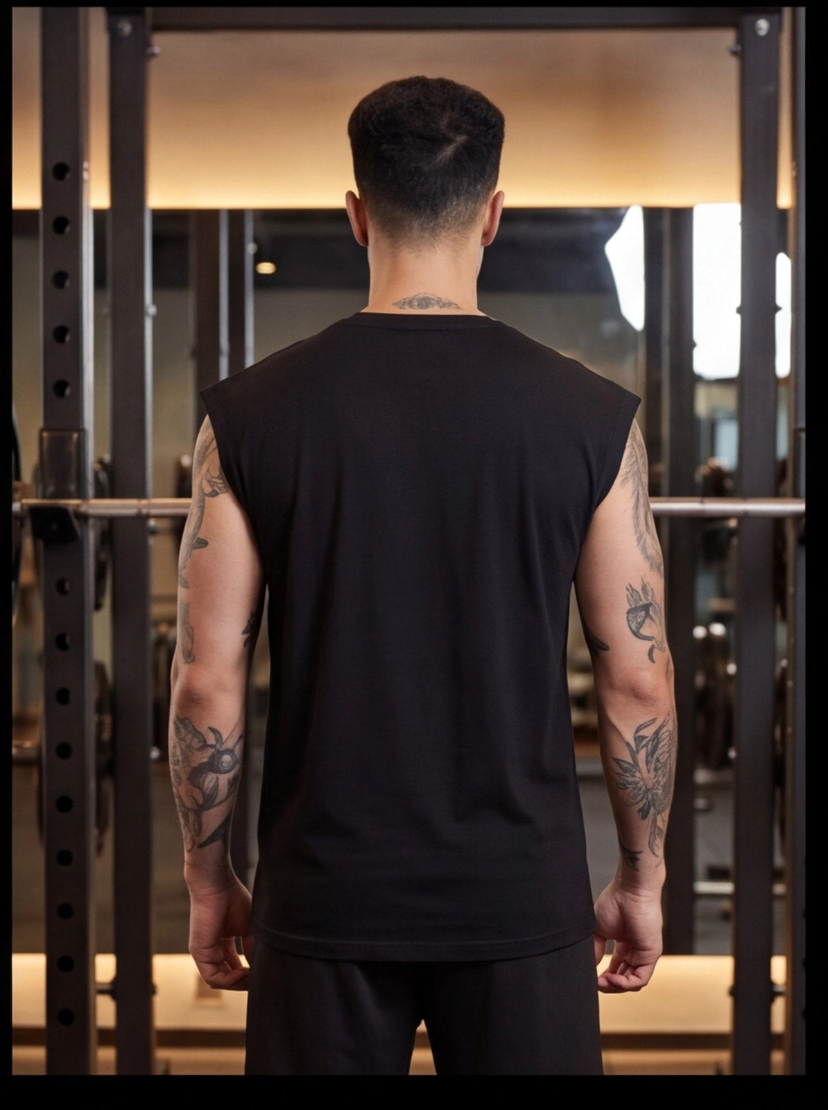 Man wearing black sleeveless gym shirt, showcasing tattoos, standing in front of squat rack