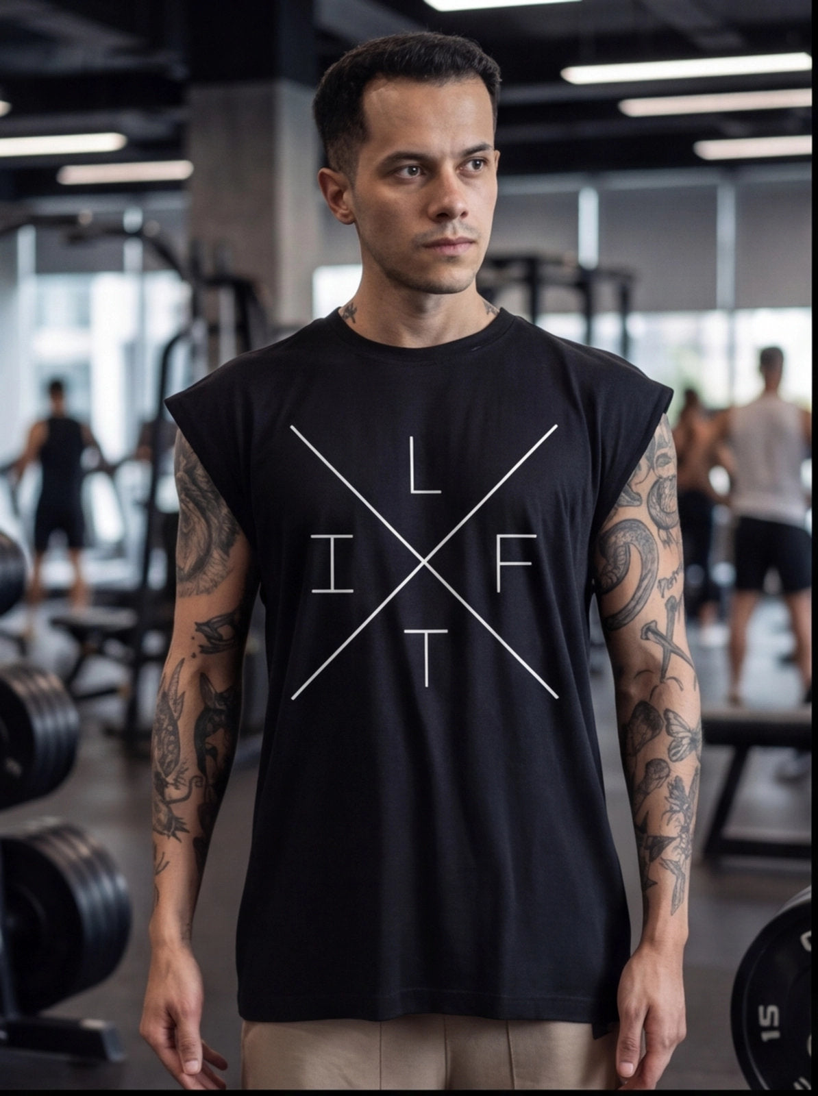 Man in gym wearing black sleeveless 'LIFT' graphic tee, tattooed arms, functional fitness apparel