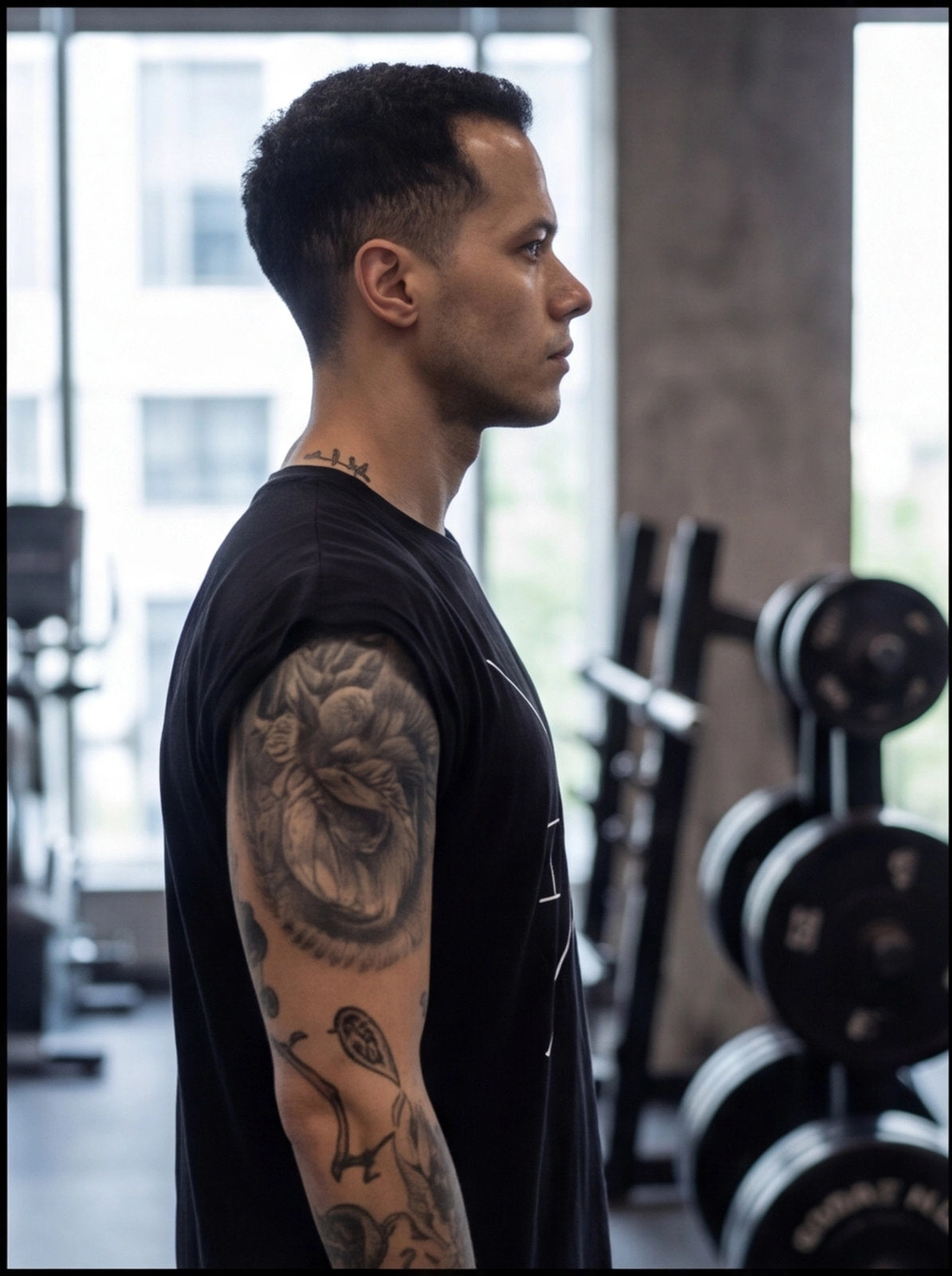 Athlete in gym with tattooed arm, focused on functional fitness training