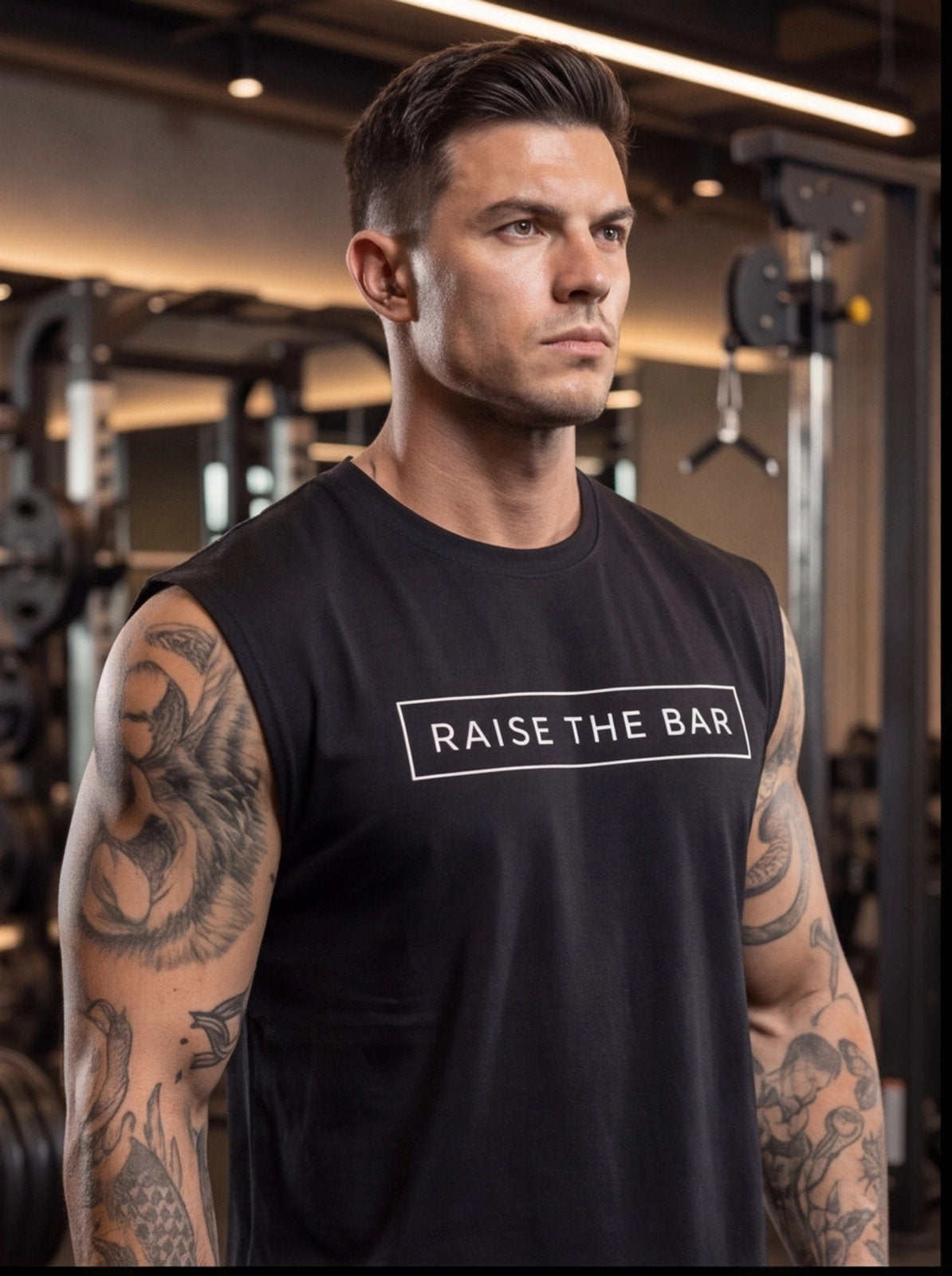 Man in gym wearing black 'Raise The Bar' sleeveless fitness shirt, showcasing athletic build and tattoos.