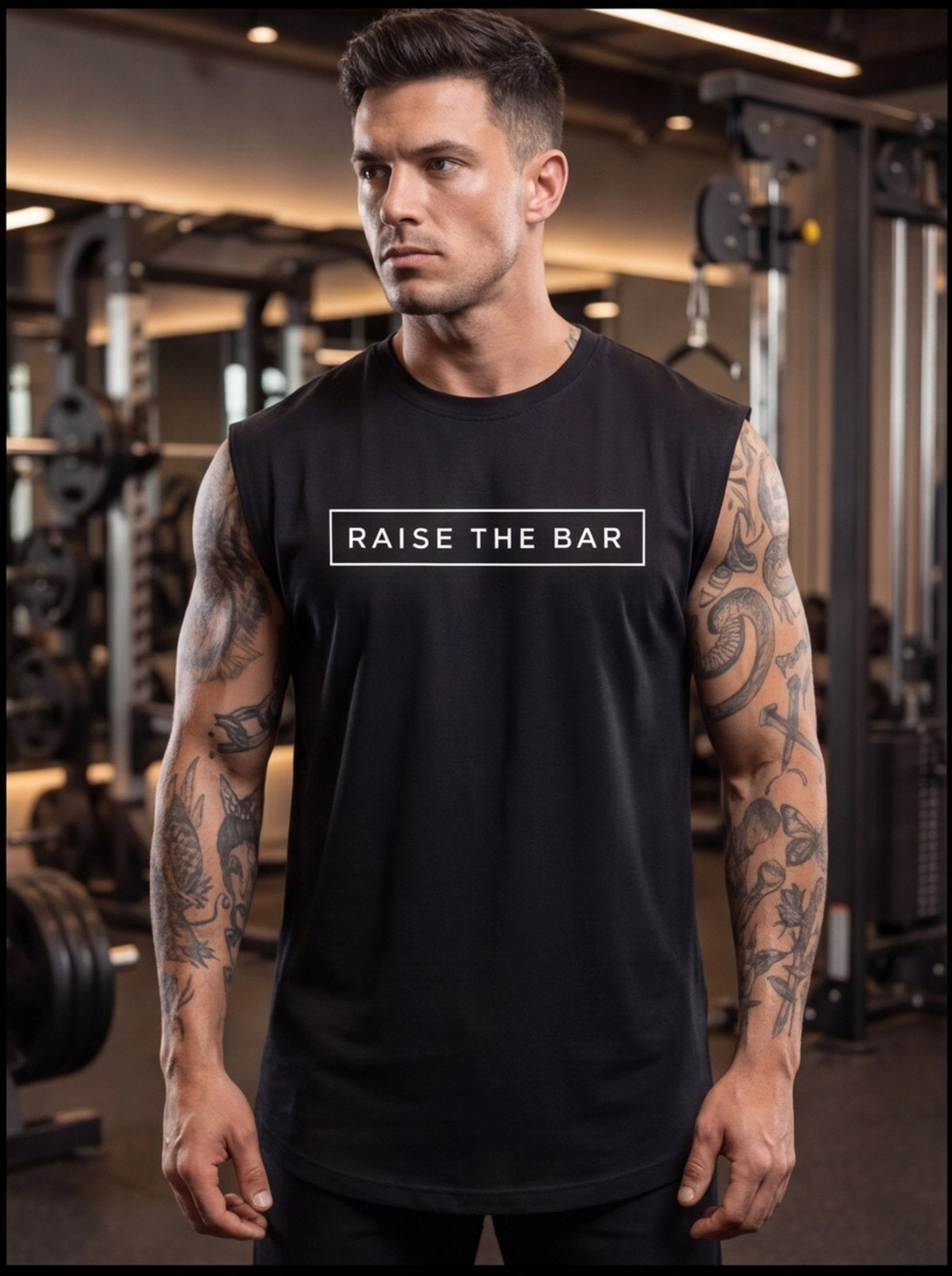 Man in gym wearing black 'Raise The Bar' sleeveless workout shirt for functional fitness training