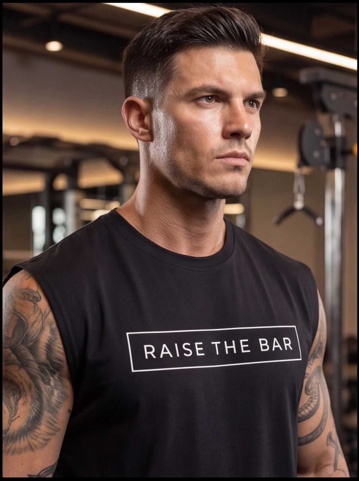 Man in gym wearing black 'Raise The Bar' sleeveless fitness shirt, showcasing athletic build and tattoos.