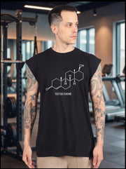 Man in gym wearing black sleeveless shirt with testosterone molecule graphic, fitness apparel for athletes