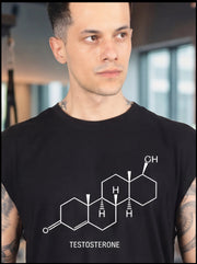 Man wearing black testosterone molecule graphic tee, fitness apparel for athletes